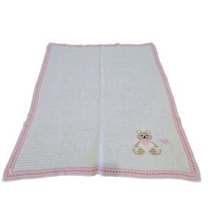 Vintage Handmade Crochet Baby Blanket Pink Trim Cute Teddy Bear Throw Crib